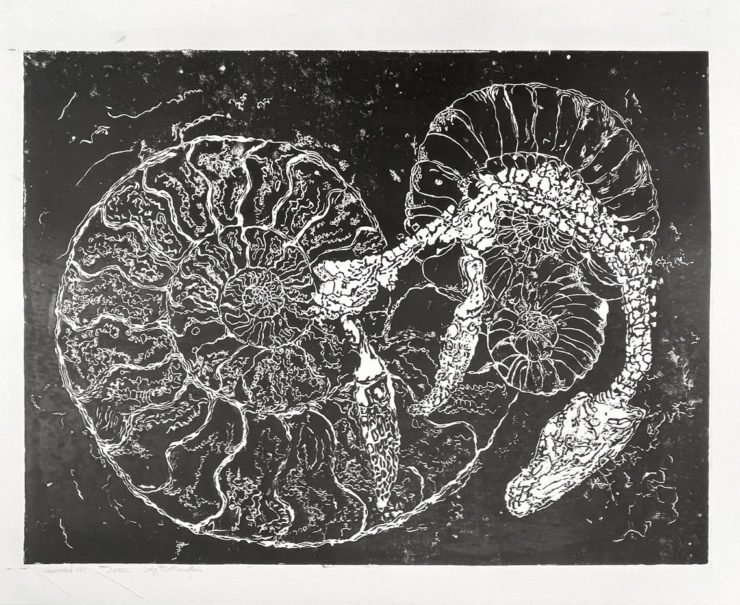 Sally Worthington, Jurassic,2021. Woodcut on paper. Courtesy of the artist.